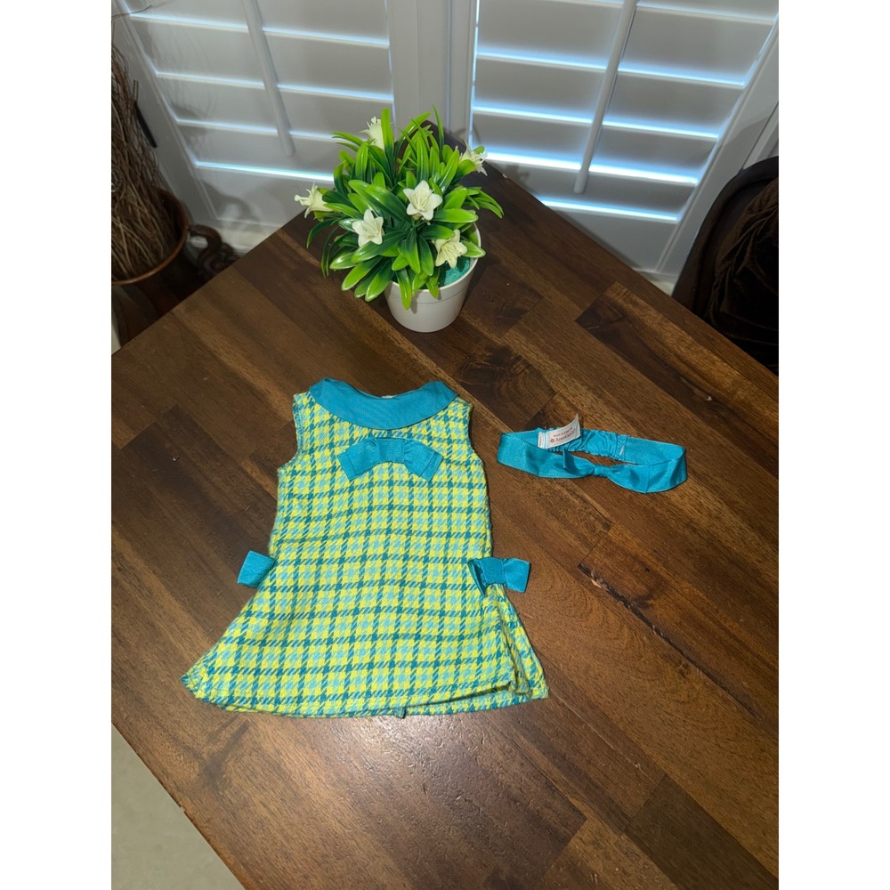 American Girl Melody Meet Outfit Teal Yellow Houndstooth Dress Headband Set